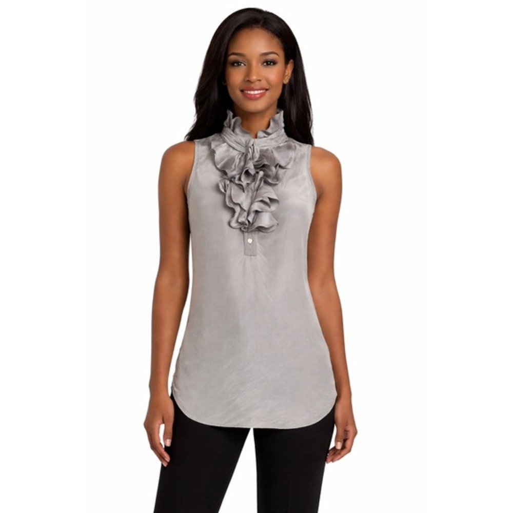 Marisa Christina Silver 100% Silk Ruffle Neck Sleeveless Blouse Top M Chic 83-24